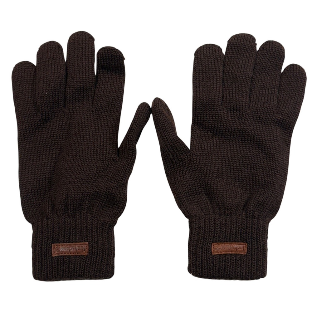 Timberland Mens Knit Winter Gloves Dark Brown‎ Ribbed Cuffs Leather Logo Patch